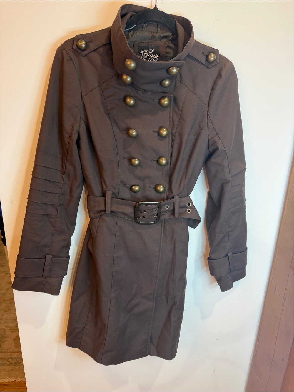 Blanc Noir Brown Double-Breasted Belted Coat, Military Style, S